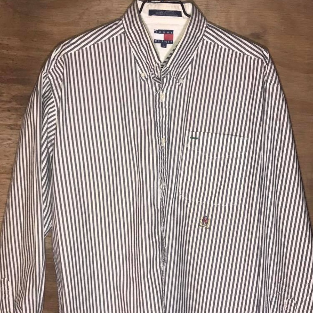 Tommy Hilfiger Grey Striped Button Up Mens L